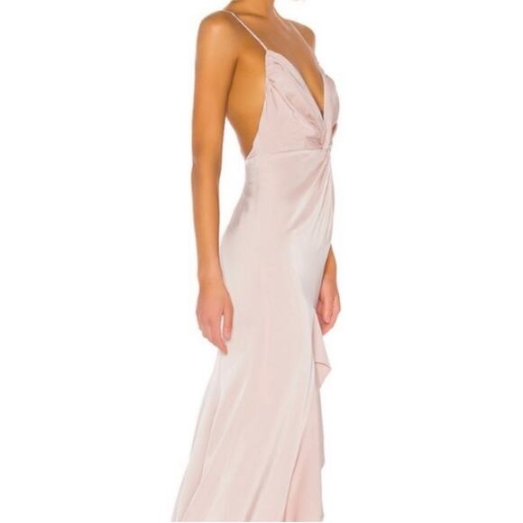 Lovers & Friends Satin Pink Blush Ruffle Twist Maxi Dress Gown Size Large - Picture 2 of 8